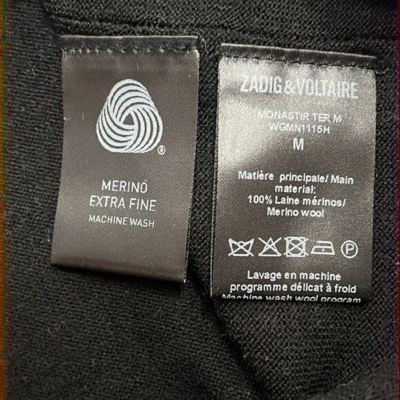 Zadig & Voltaire Mens Monastir Merino Wool V-Neck Black Skull Back Sweater - Picture 6 of 6